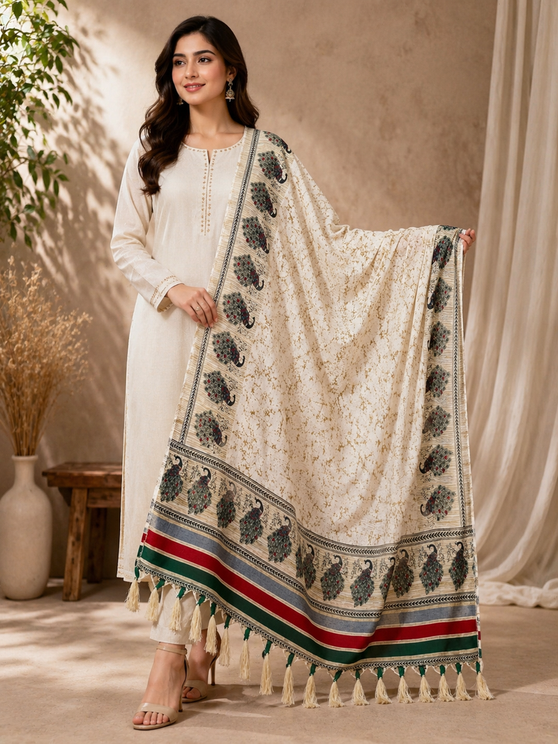 Women's Art Silk Printed Peacock Border Tassel Dupatta