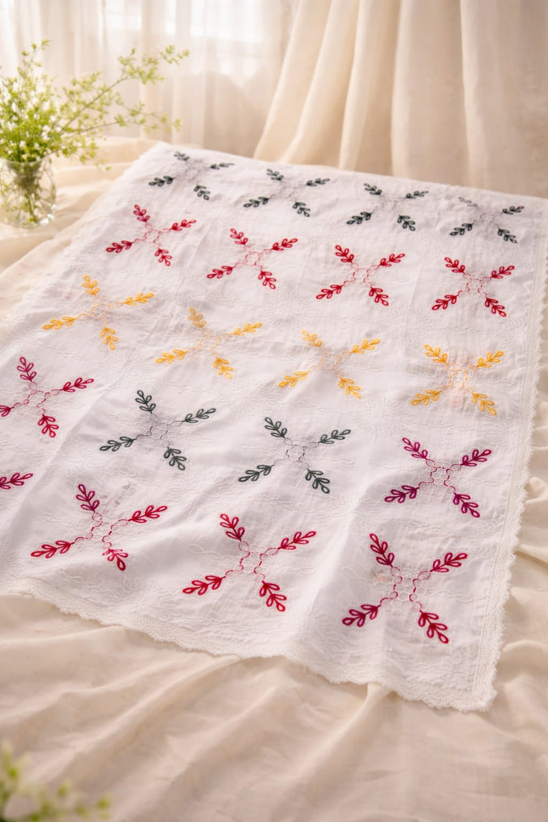 Women's White Cotton Thread Work Embroidered Dupatta