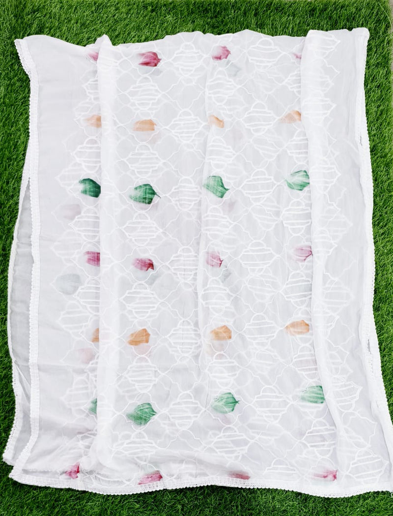 Elegant White Chiffon Thread Work Dupatta with Multicolor Touch – Lightweight Ethnic Scarf for Women & Girls