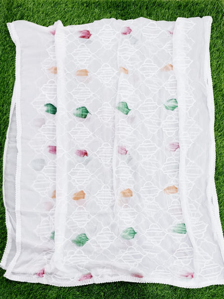 Elegant White Chiffon Thread Work Dupatta with Multicolor Touch – Lightweight Ethnic Scarf for Women & Girls