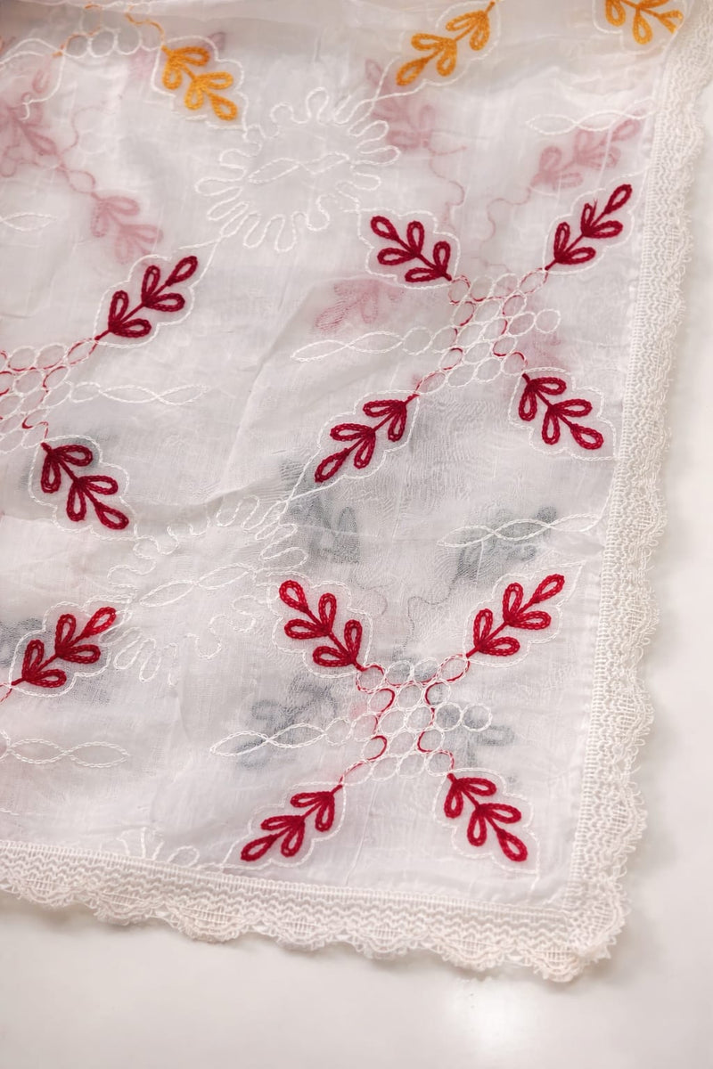 Women's White Cotton Thread Work Embroidered Dupatta