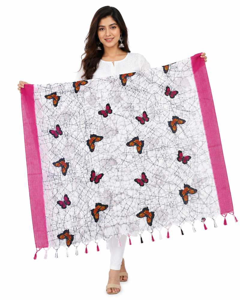 Art Silk Butterfly Printed Dupatta with Contrast Border & Tassels for Women