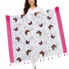 Art Silk Butterfly Printed Dupatta with Contrast Border & Tassels for Women