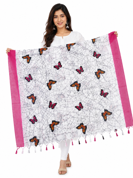 Art Silk Butterfly Printed Dupatta with Contrast Border & Tassels for Women