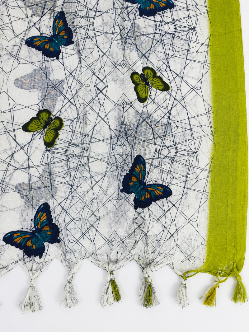 Art Silk Butterfly Printed Dupatta with Contrast Border & Tassels for Women