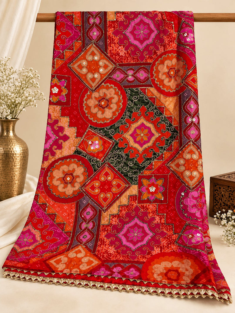 Chanderi Silk Rajwadi Printed Dupatta with Sequin Work & Decorative Border