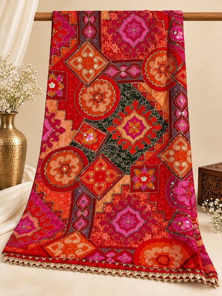 Chanderi Silk Rajwadi Printed Dupatta with Sequin Work & Decorative Border