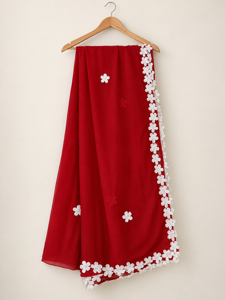 Red Chiffon Dupatta with White Floral Lace