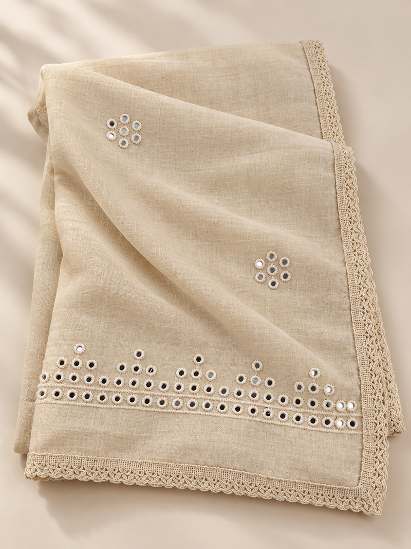 Cotton Dupatta with Sequin Mirror Work & Lace Border