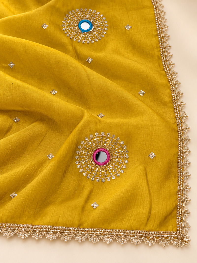 Mustard Yellow Chinon Dupatta with Mirror & Sequin Work and Gold Lace Border