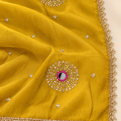 Mustard Yellow Chinon Dupatta with Mirror & Sequin Work and Gold Lace Border