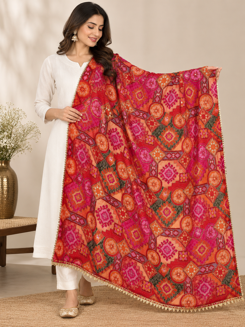 Chanderi Silk Rajwadi Printed Dupatta with Sequin Work & Decorative Border