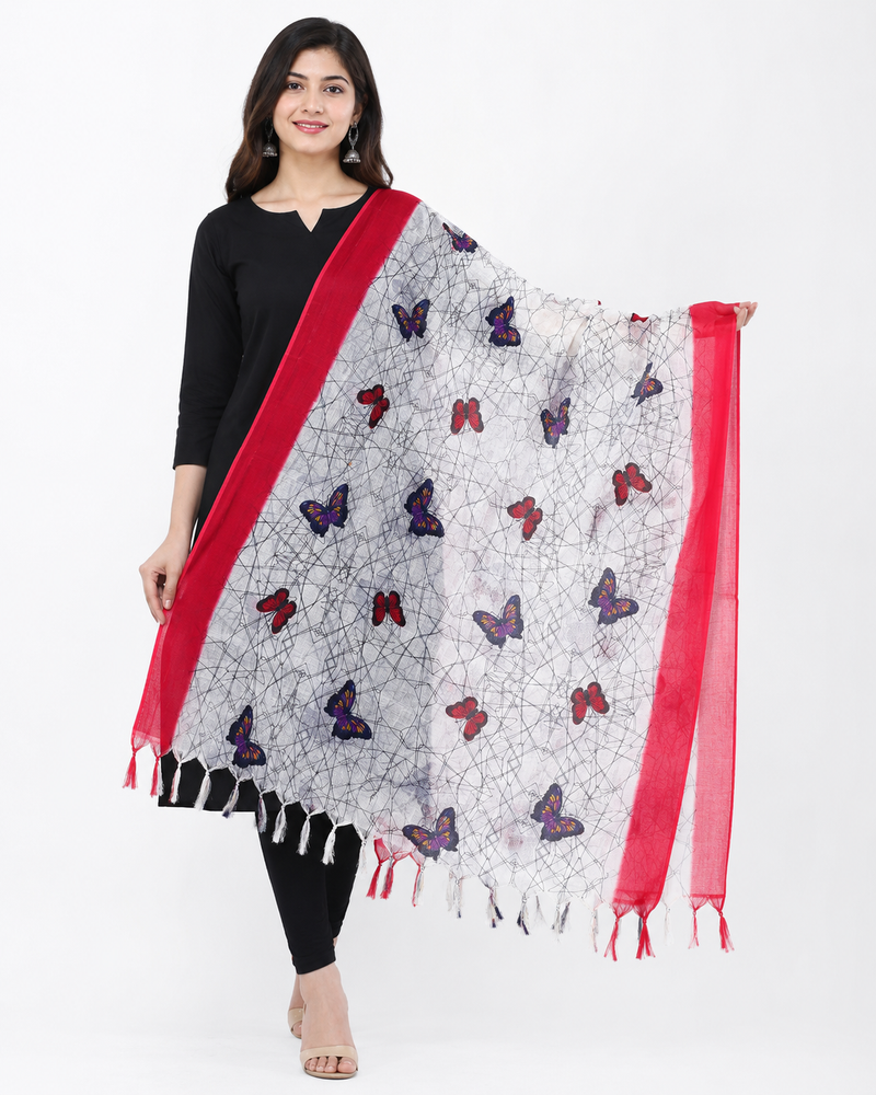 Art Silk Butterfly Printed Dupatta with Contrast Border & Tassels for Women