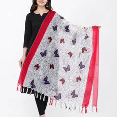 Art Silk Butterfly Printed Dupatta with Contrast Border & Tassels for Women