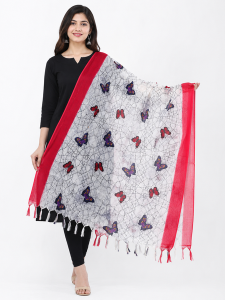 Art Silk Butterfly Printed Dupatta with Contrast Border & Tassels for Women