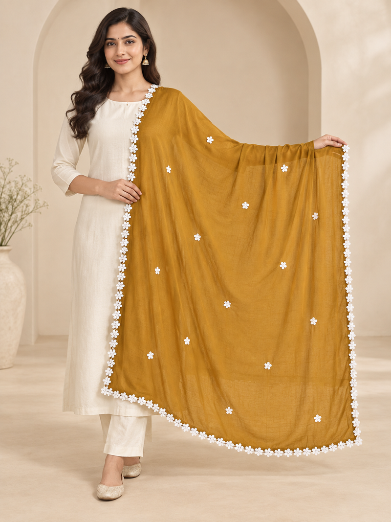 Women’s Chiffon Dupatta with White Floral Lace