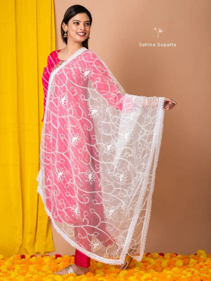 White Net Thread Work Dupatta with Floral Embroidery – Elegant Ethnic Wear for Women | Sahina Dupatta