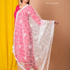 White Net Thread Work Dupatta with Floral Embroidery – Elegant Ethnic Wear for Women | Sahina Dupatta