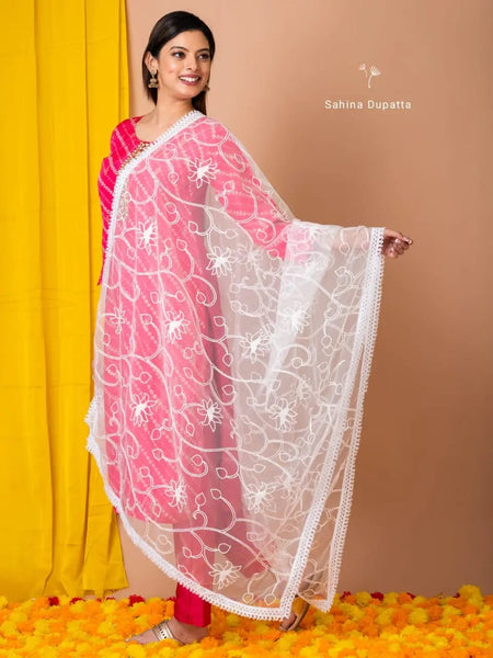 White Net Thread Work Dupatta with Floral Embroidery – Elegant Ethnic Wear for Women | Sahina Dupatta