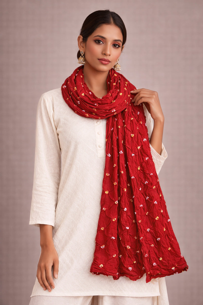 Red Bandhani Style Cotton Dupatta for Women