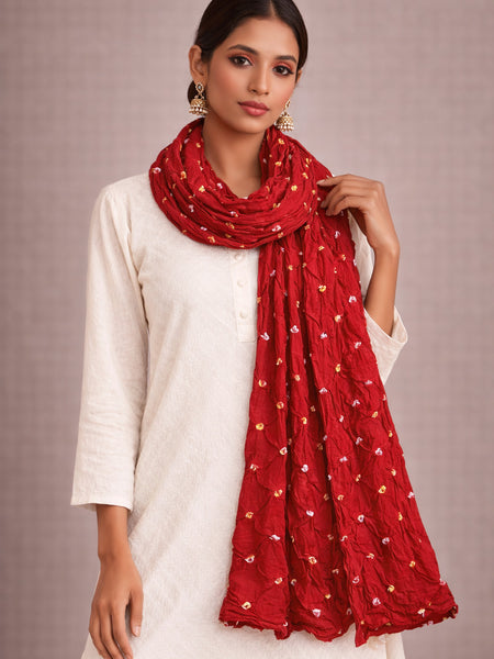 Red Bandhani Style Cotton Dupatta for Women