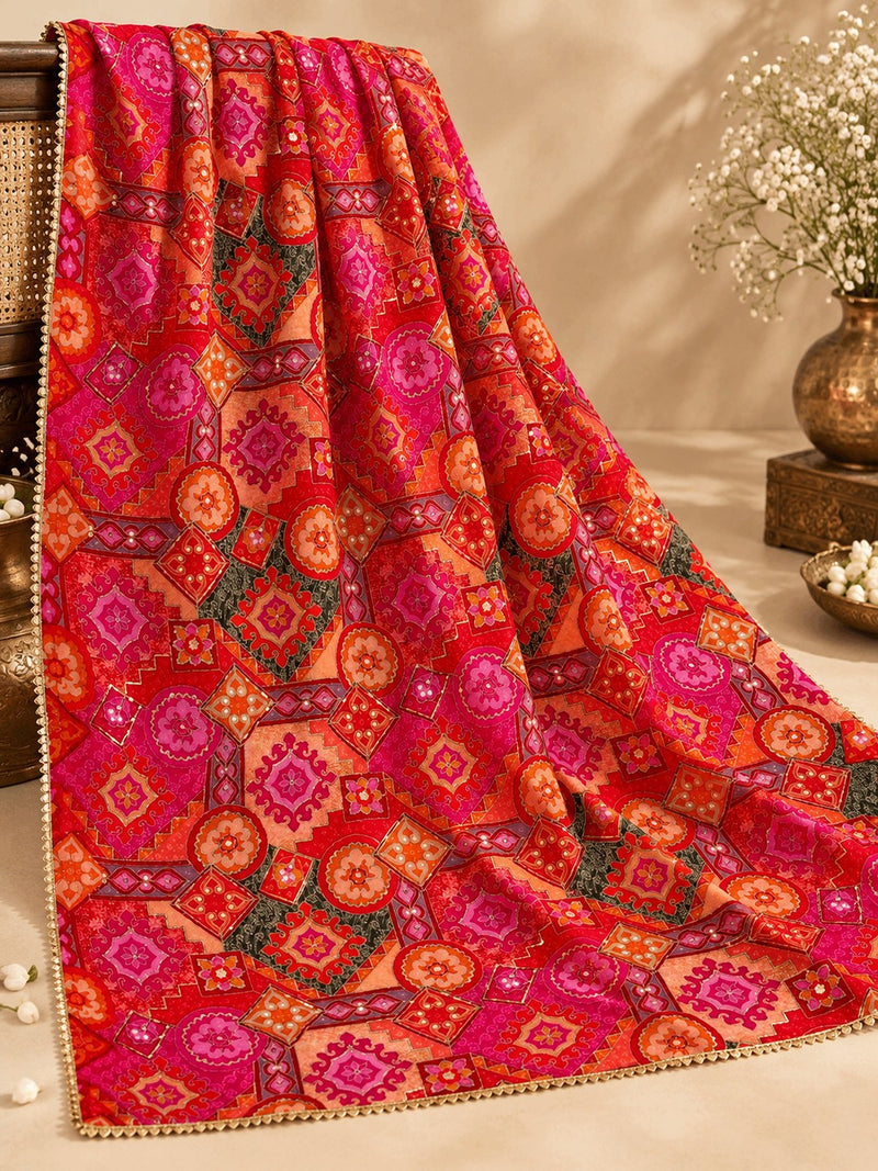 Chanderi Silk Rajwadi Printed Dupatta with Sequin Work & Decorative Border