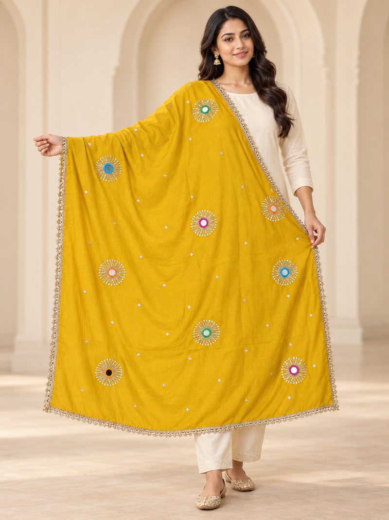 Mustard Yellow Chinon Dupatta with Mirror & Sequin Work and Gold Lace Border