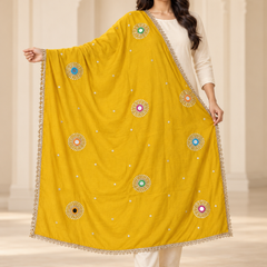 Mustard Yellow Chinon Dupatta with Mirror & Sequin Work and Gold Lace Border