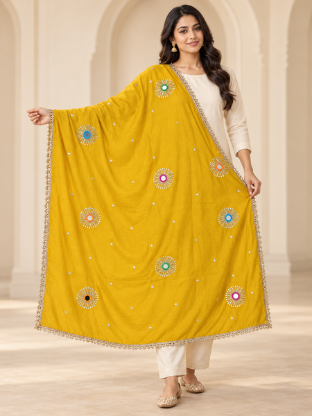 Mustard Yellow Chinon Dupatta with Mirror & Sequin Work and Gold Lace Border