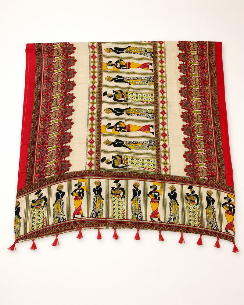 Women's Art Silk Printed Dupatta | Tribal Warli Print Tassel Dupatta