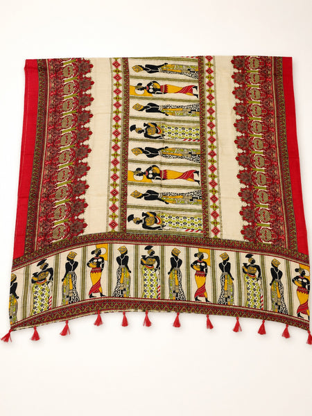Women's Art Silk Printed Dupatta | Tribal Warli Print Tassel Dupatta