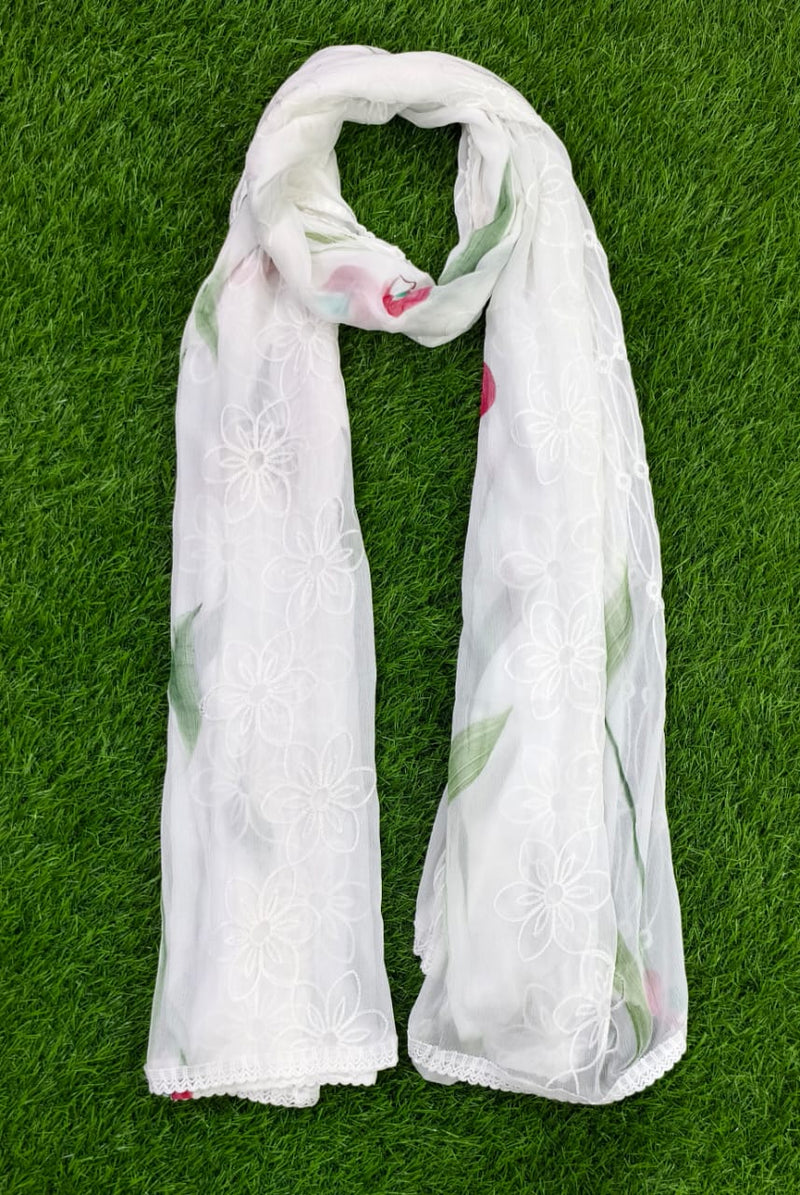 Elegant White Chiffon Thread Work Dupatta with Multicolor Touch – Lightweight Ethnic Scarf for Women & Girls