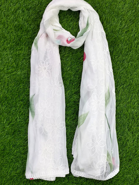 Elegant White Chiffon Thread Work Dupatta with Multicolor Touch – Lightweight Ethnic Scarf for Women & Girls