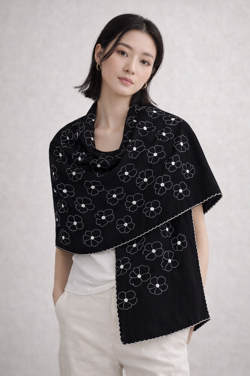 Black Thread Embroidered Scarf with White Floral Motifs and Fine Edge Finish