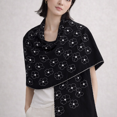 Black Thread Embroidered Scarf with White Floral Motifs and Fine Edge Finish