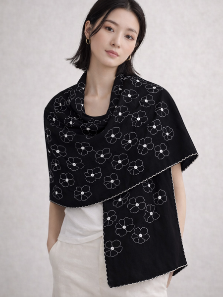 Black Thread Embroidered Scarf with White Floral Motifs and Fine Edge Finish