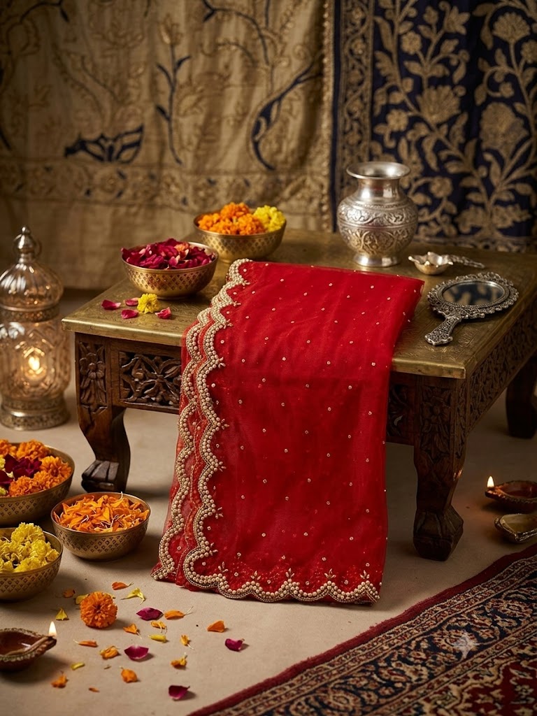 Red Net Bridal Dupatta with Scalloped Cut Work Border