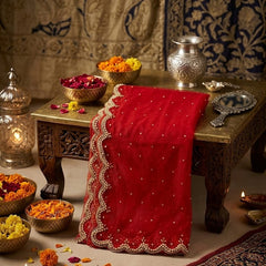 Red Net Bridal Dupatta with Scalloped Cut Work Border