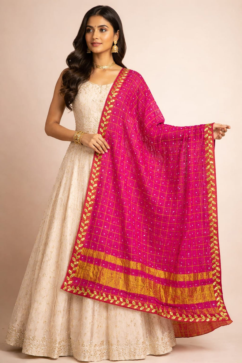 Women's Chunari Silk Ghatchola Dupatta with Gota Patti Lace Border