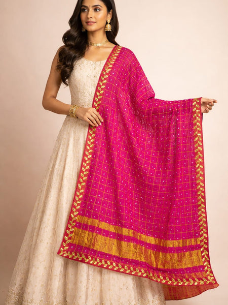 Women's Chunari Silk Ghatchola Dupatta with Gota Patti Lace Border