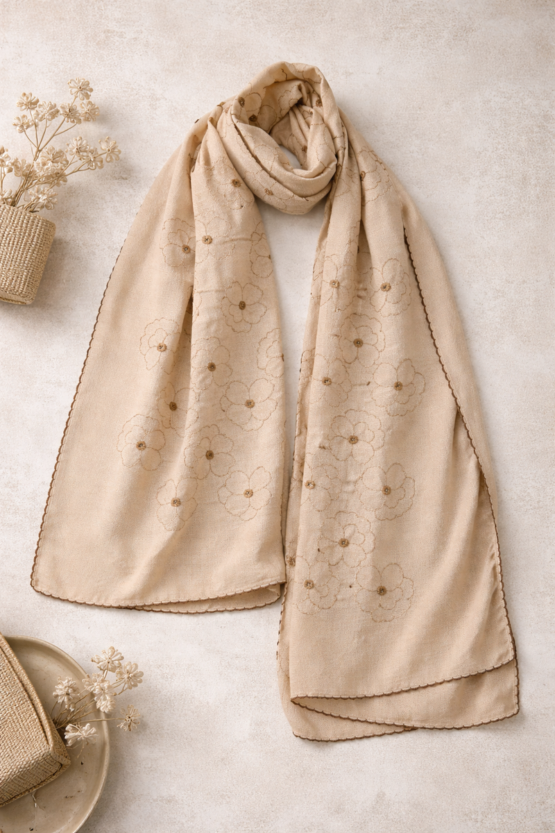 Elegant Thread Embroidered Scarf with Fine Floral Motifs and Soft Finish