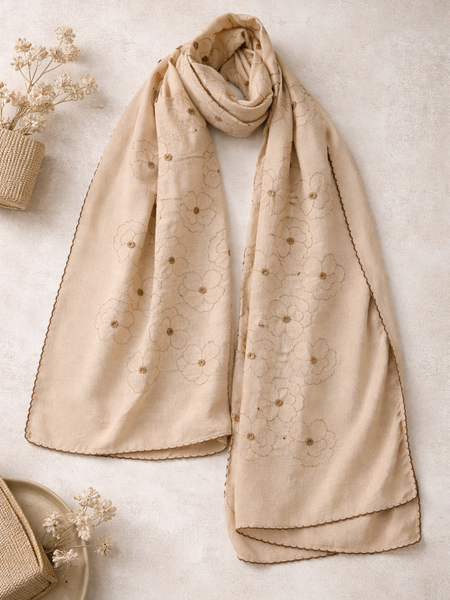 Elegant Thread Embroidered Scarf with Fine Floral Motifs and Soft Finish