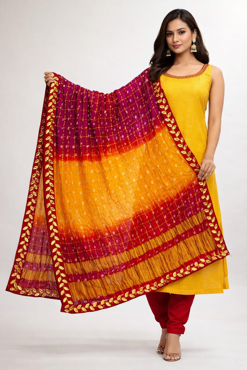 Women's Chunari Silk Ghatchola Dupatta with Gota Patti Lace Border