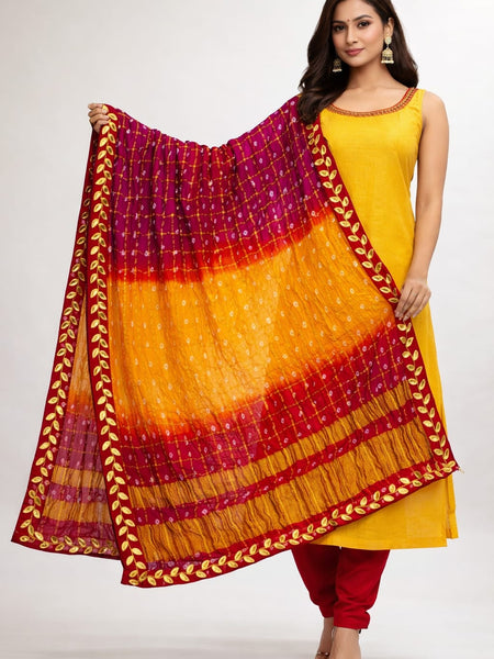 Women's Chunari Silk Ghatchola Dupatta with Gota Patti Lace Border
