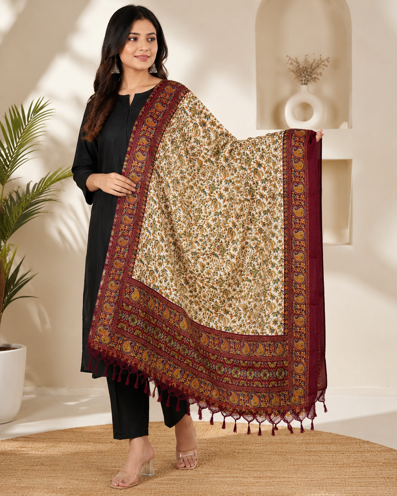 Women’s Art Silk Kalamkari Printed Dupatta with Traditional Paisley Border & Tassels
