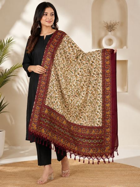 Women’s Art Silk Kalamkari Printed Dupatta with Traditional Paisley Border & Tassels