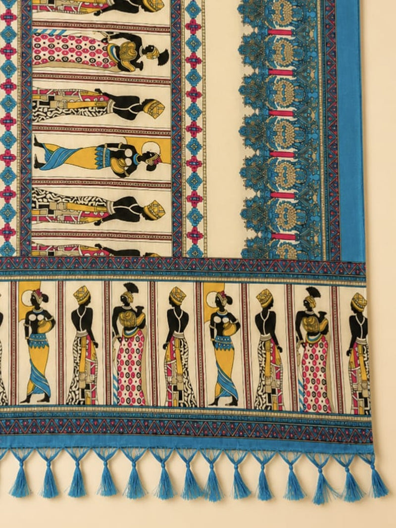 Women's Art Silk Printed Dupatta | Tribal Warli Print Tassel Dupatta |