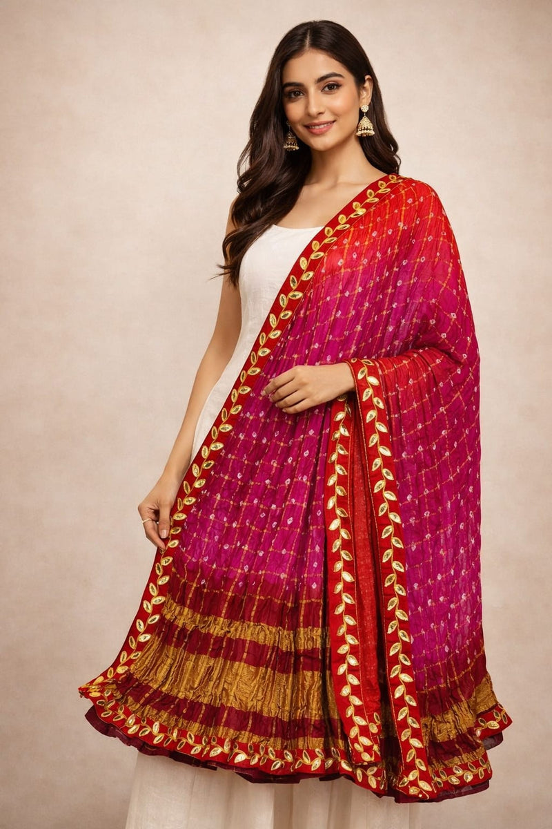 Women's Chunari Silk Ghatchola Dupatta with Gota Patti Lace Border