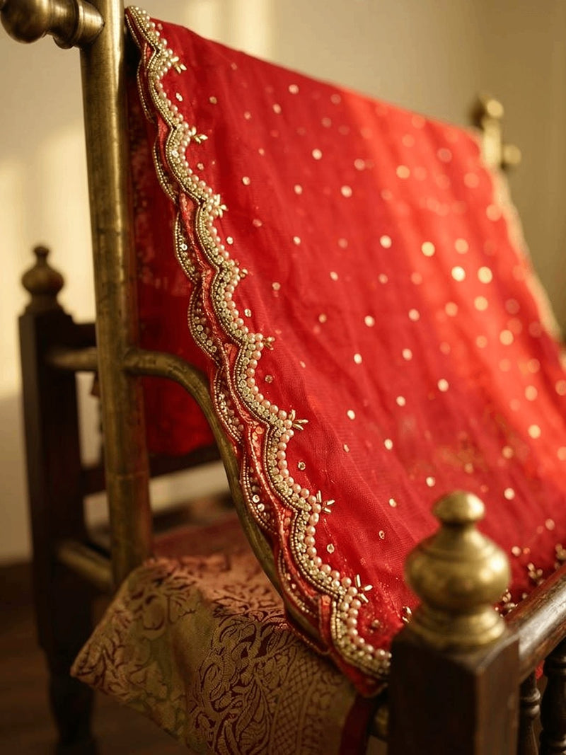 Red Net Bridal Dupatta with Scalloped Cut Work Border