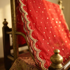 Red Net Bridal Dupatta with Scalloped Cut Work Border